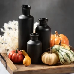 Vases-Kirkland's Home Matte Ceramic Vases, Set Of 3 Black