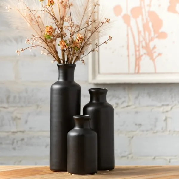 Vases-Kirkland's Home Matte Ceramic Vases, Set Of 3 Black