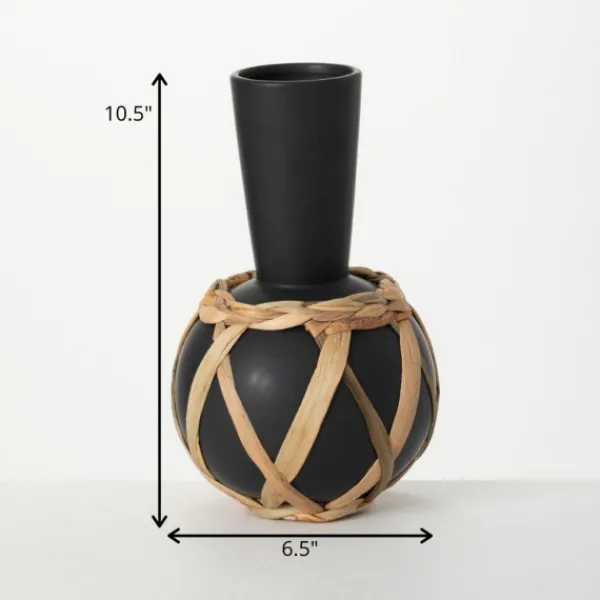 Vases-Kirkland's Home Matte Rattan Wrapped Vase Black