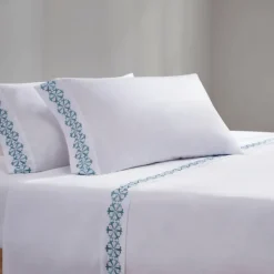 Bed Sheets-Kirkland's Home Medallion Hem Microfiber 4-Pc. Full Sheet Set White/Blue