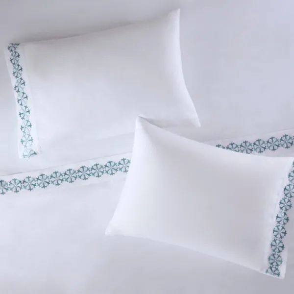 Bed Sheets-Kirkland's Home Medallion Hem Microfiber 4-Pc. Full Sheet Set White/Blue