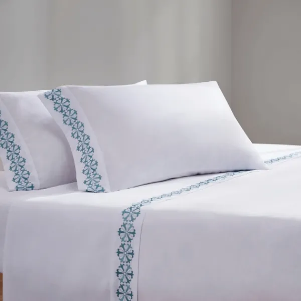 Bed Sheets-Kirkland's Home Medallion Hem Microfiber 4-Pc. King Sheet Set White/Blue