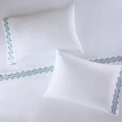 Bed Sheets-Kirkland's Home Medallion Hem Microfiber 4-Pc. Queen Sheet Set White/Blue
