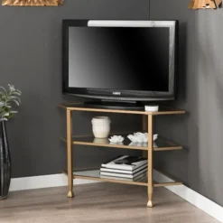 Tv Stands & Media Consoles-Kirkland's Home Metal And Glass Corner Tv Stand Gold