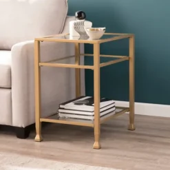 Accent & End Tables-Kirkland's Home Metal And Tempered Glass Side Table Gold