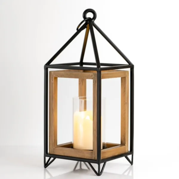 Lanterns-Kirkland's Home Metal And Wood House Frame Lantern, 16 In. Brown/Black