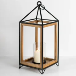 Lanterns-Kirkland's Home Metal And Wood House Frame Lantern, 21 In. Brown/Black