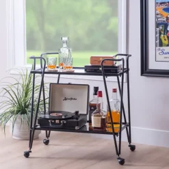 Kitchen Islands & Bar Carts-Kirkland's Home Metal Mirrored Shelves Bar Cart Black