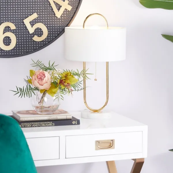 Table Lamps-Kirkland's Home Metal Open Loop Stem White Round Table Lamp Gold