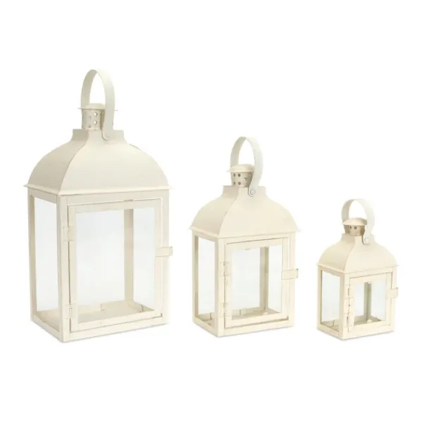 Lanterns-Kirkland's Home Metal Slope Top Lanterns, Set Of 3 Ivory