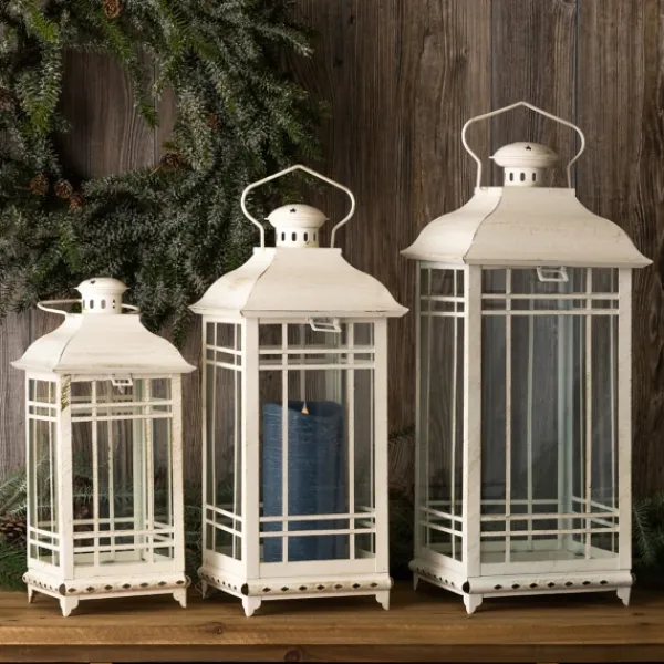 Lanterns-Kirkland's Home Metal Windowpane Lanterns, Set Of 3 White