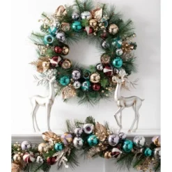 Arrangements & Greenery-Kirkland's Home Metallic Multicolor Ornaments And Berries Garland Green/Silver/Red/Gold/Blue