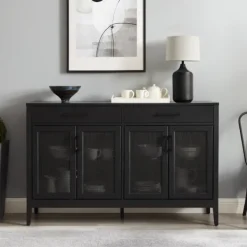 Cabinets & Sideboards-Kirkland's Home Micah Black Rattan Mesh Sideboard Cabinet