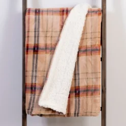 Blankets & Throws-Kirkland's Home Mocha Brown Plaid Sherpa Throw Tan/Brown