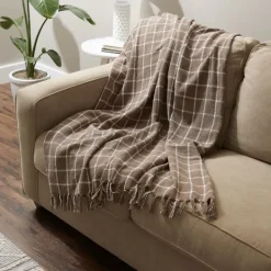 Blankets & Throws-Kirkland's Home Mocha Plaid Fringed Throw Brown