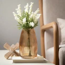 Vases-Kirkland's Home Modern Amber Ribbed Glass Vase Brown