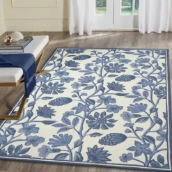 Outdoor Rugs-Kirkland's Home Modern Blue Floral Vines Outdoor Area Rug, 5X7 Blue/Ivory