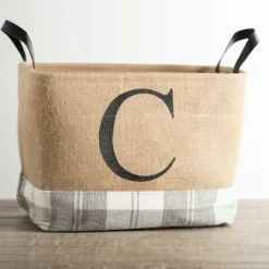Baskets & Boxes-Kirkland's Home Monogrammed C Gray Plaid Leather Handle Jute Bin Tan