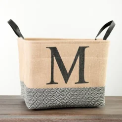 Baskets & Boxes-Kirkland's Home Monogrammed M Black Diamond Jute Storage Bin Tan/Black