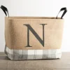 Baskets & Boxes-Kirkland's Home Monogrammed N Gray Plaid Leather Handle Jute Bin Tan