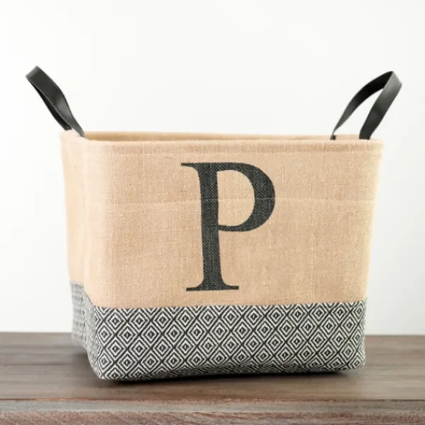 Baskets & Boxes-Kirkland's Home Monogrammed P Black Diamond Jute Storage Bin Tan/Black