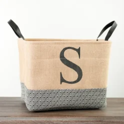 Baskets & Boxes-Kirkland's Home Monogrammed S Black Diamond Jute Storage Bin Tan/Black