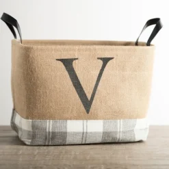 Baskets & Boxes-Kirkland's Home Monogrammed V Gray Plaid Leather Handle Jute Bin Tan
