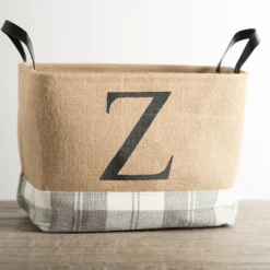 Baskets & Boxes-Kirkland's Home Monogrammed Z Gray Plaid Leather Handle Jute Bin Tan