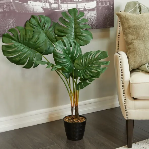 Trees & Topiaries-Kirkland's Home Monstera Plant In Ribbed Rock Planter