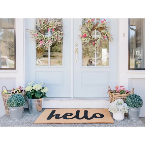 Doormats-Kirkland's Home Natural And Black Coir Hello Doormat, 29X17 In. Tan/Black