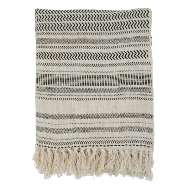 Blankets & Throws-Kirkland's Home Natural Block Print Throw With Fringe Ivory/Gray