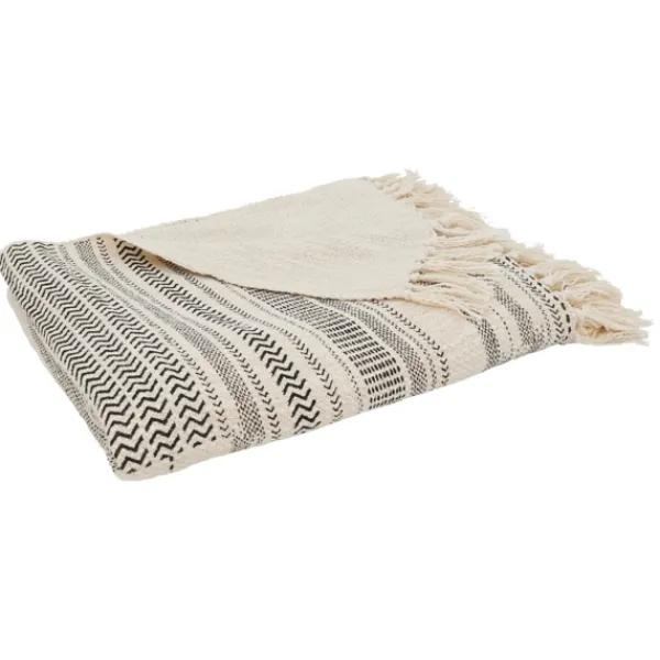 Blankets & Throws-Kirkland's Home Natural Block Print Throw With Fringe Ivory/Gray