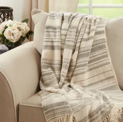 Blankets & Throws-Kirkland's Home Natural Block Print Throw With Fringe Ivory/Gray