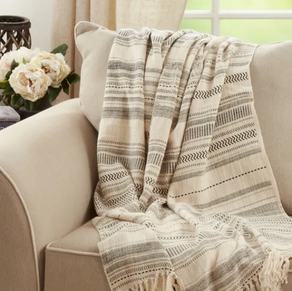 Blankets & Throws-Kirkland's Home Natural Block Print Throw With Fringe Ivory/Gray