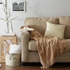 Blankets & Throws-Kirkland's Home Natural Chenille Fringe Throw Tan