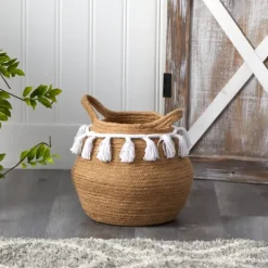 Baskets & Boxes-Kirkland's Home Natural Cotton Woven Tassel Basket Brown/White