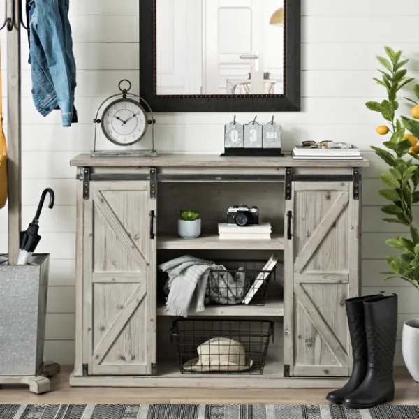 Entryway Furniture-Kirkland's Home Natural Farmhouse Sliding Door Cabinet Gray