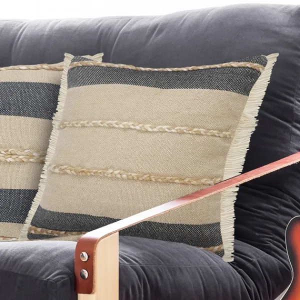 Pillows-Kirkland's Home Natural Jute Braided Stripe Throw Pillow, 20 In. Black/Tan/Ivory