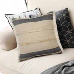 Pillows-Kirkland's Home Natural Jute Braided Stripe Throw Pillow, 20 In. Black/Tan/Ivory