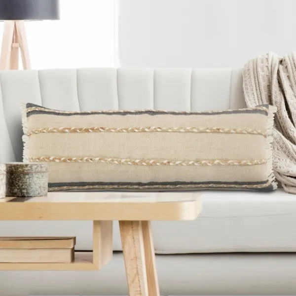 Pillows-Kirkland's Home Natural Jute Braided Stripe Lumbar Pillow Black/Tan/Ivory