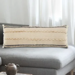 Pillows-Kirkland's Home Natural Jute Braided Stripe Lumbar Pillow Black/Tan/Ivory