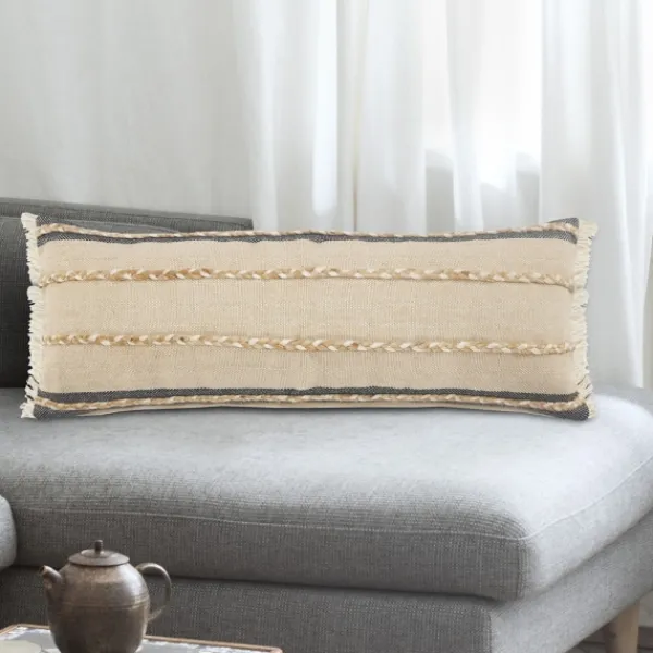 Pillows-Kirkland's Home Natural Jute Braided Stripe Lumbar Pillow Black/Tan/Ivory