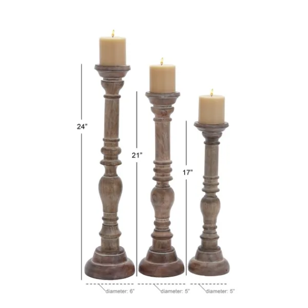 Candle Holders-Kirkland's Home Natural Mango Wood Carved Candle Holders, Set Of 3 Tan