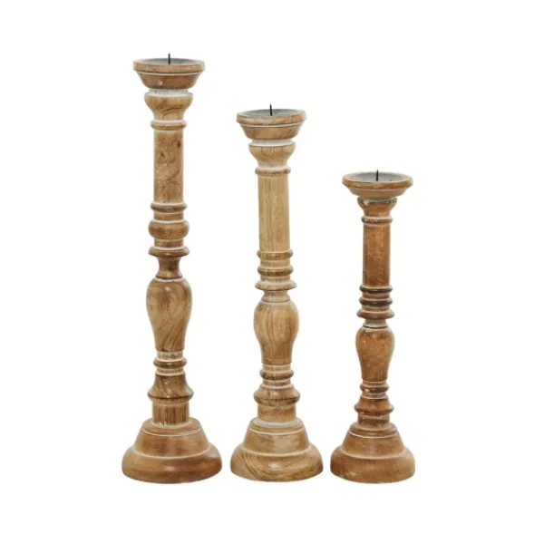 Candle Holders-Kirkland's Home Natural Mango Wood Carved Candle Holders, Set Of 3 Tan
