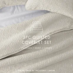 Quilts-Kirkland's Home Natural Stitched Floral 3-Pc. King Quilt Set Ivory