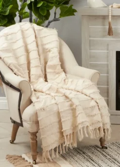Blankets & Throws-Kirkland's Home Natural Striped And Fringe Throw Blanket Tan