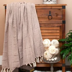 Blankets & Throws-Kirkland's Home Natural Striped Woven Tassel Throw Brown