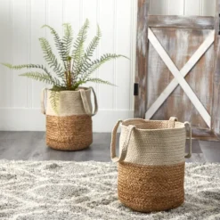 Baskets & Boxes-Kirkland's Home Natural Tan And White Jute Basket With Handles White/Tan