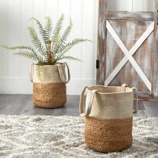 Baskets & Boxes-Kirkland's Home Natural Tan And White Jute Basket With Handles White/Tan
