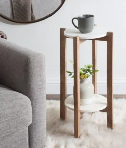 Accent & End Tables-Kirkland's Home Natural Wood And Marble Moxley Accent Table White/Tan